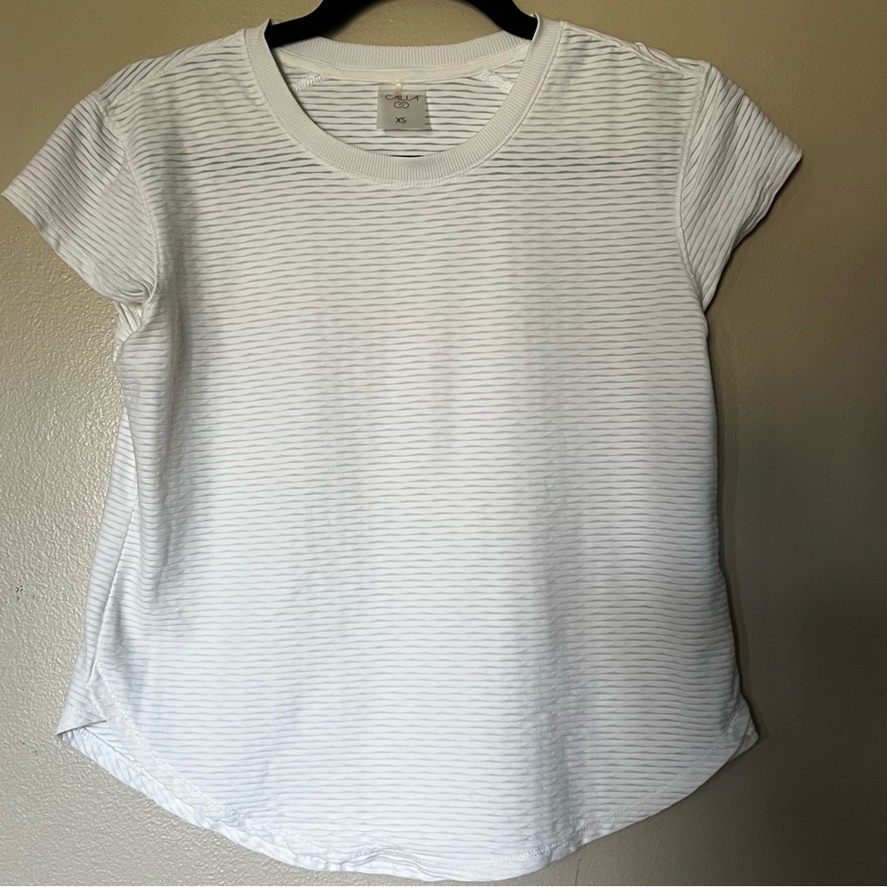 CALIA by Carrie Underwood White Striped with mesh Accents Top Size XS EUC